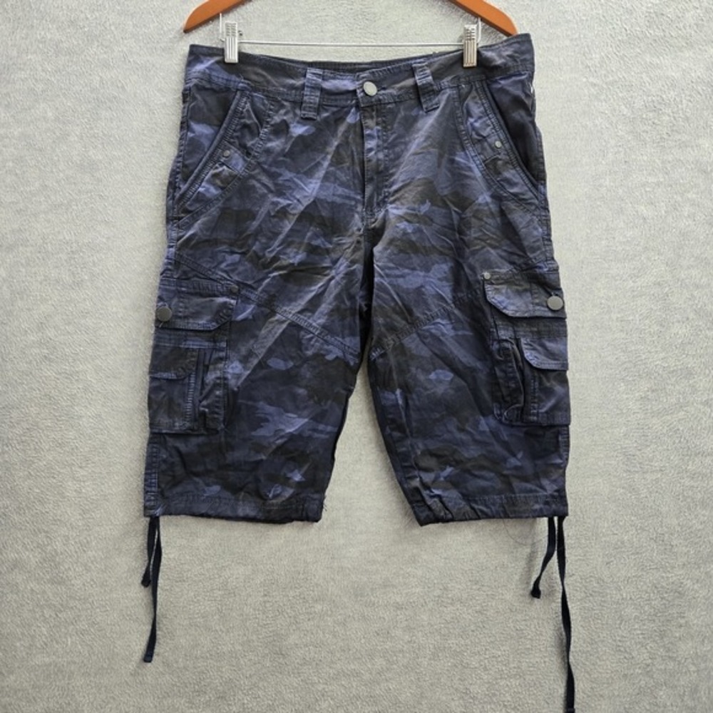Fried Denim Men Shorts 34 Blue Cargo Camouflage Grunge Button Logo Outdoor